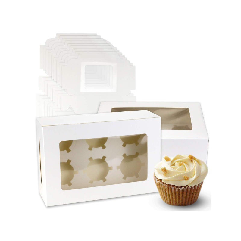 Pralb 20Pack White Cupcake Boxes with Inserts 6 Holders,White Standard Bakery Boxes with Pvc Window,Cupcake Containers Bakery Cake Box,Auto-Popup Cupcake Containers Carriers Bakery Cake Box(9x6x3inch) - Image 1